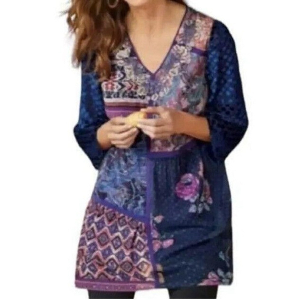 Soft Surroundings Womens Patchwork Tunic Dress Size L Velvet Boho Festival Artsy